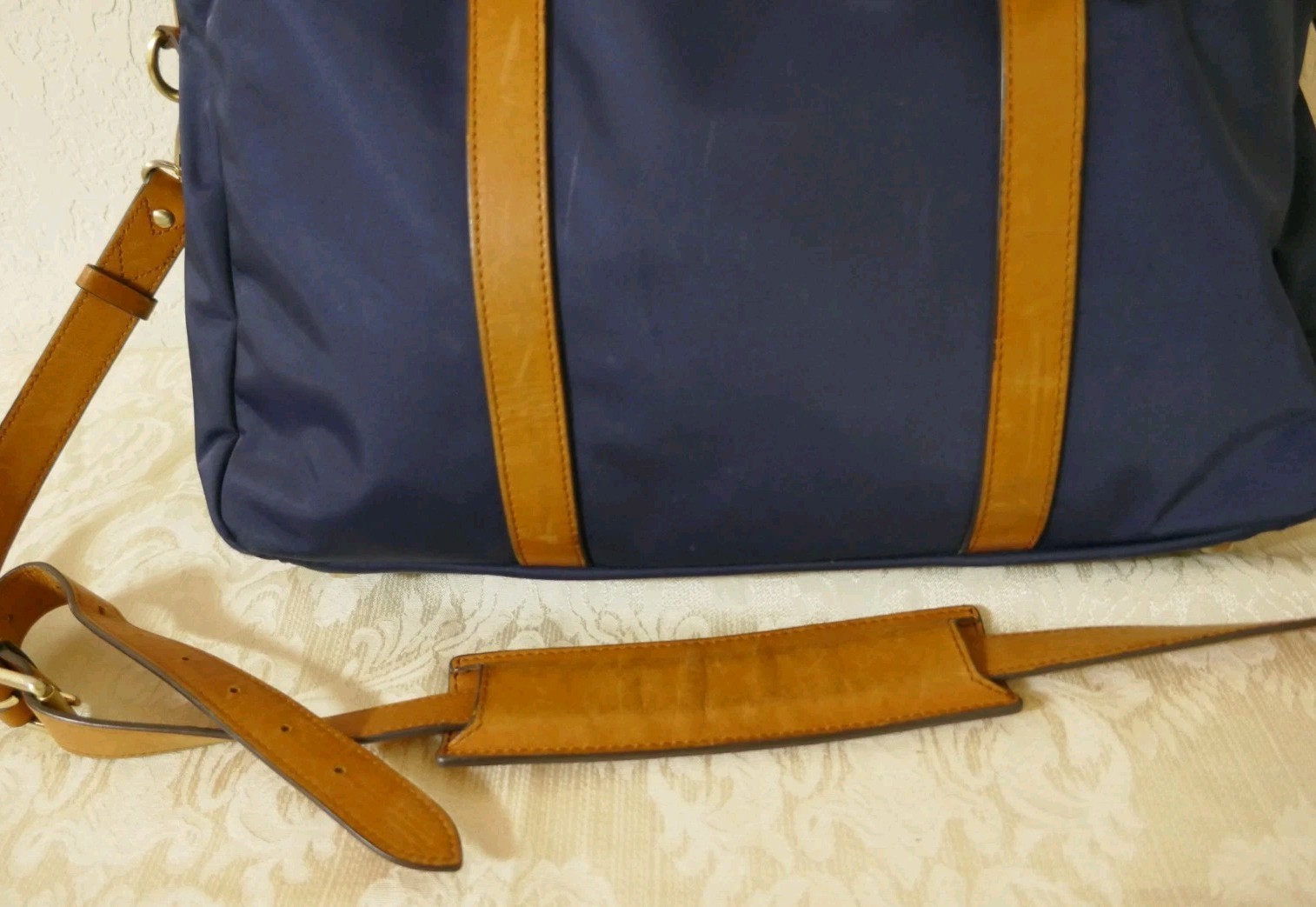 STUART O LAU The Cary Blue Nylon Briefcase Tan Leather Trim Red Interior