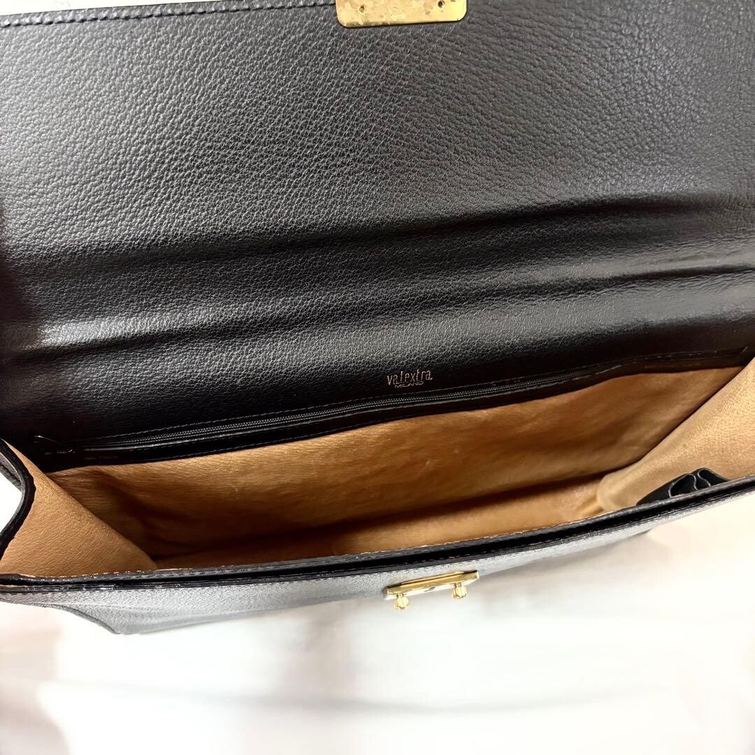 Valextra Leather Briefcase Business Bag Black Flap Lock A4 Italy Authentic