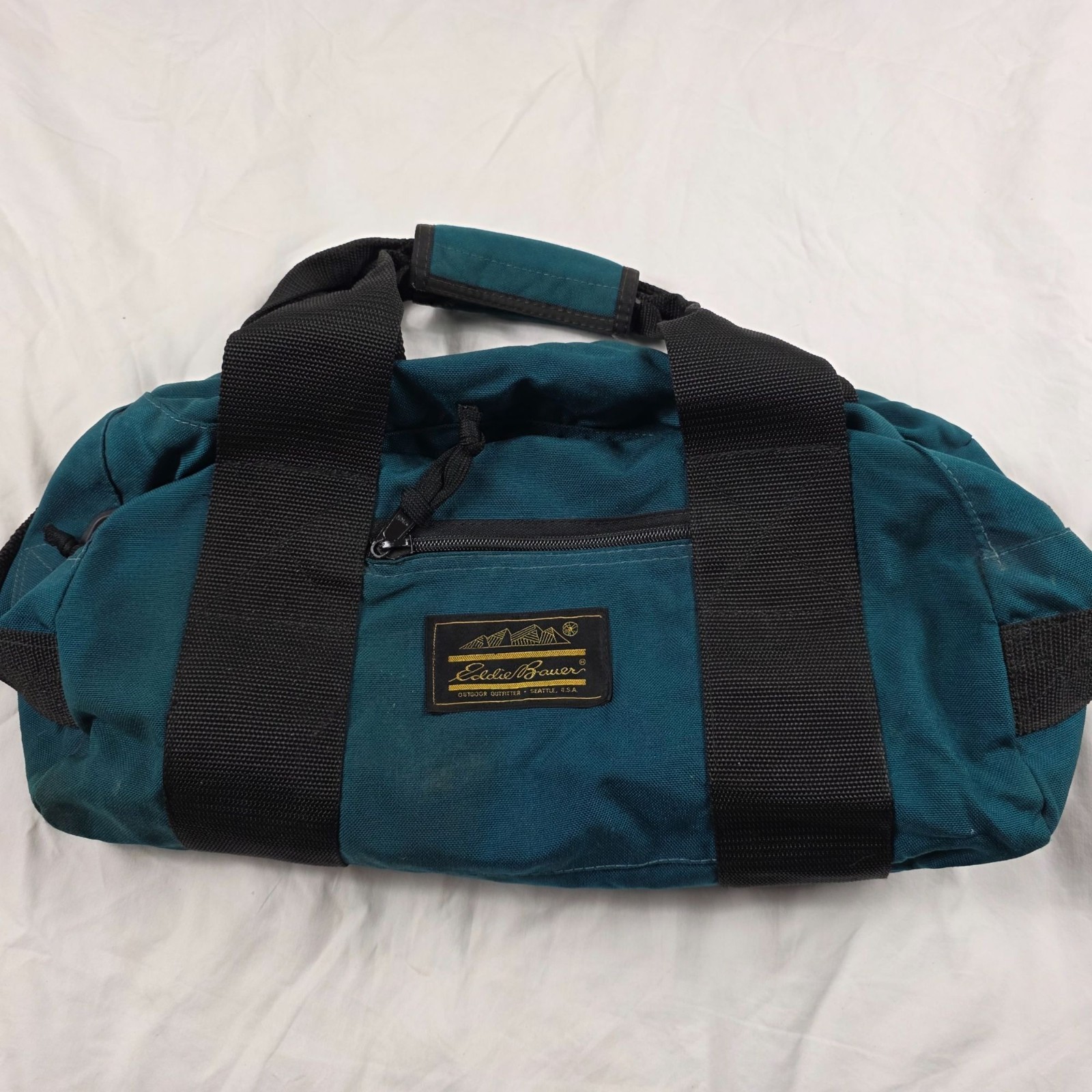 Vintage Eddie Bauer Small Blue Black Nylon Duffel Bag Outdoor Gear Made In USA