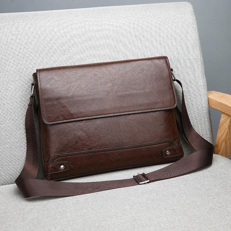 Men’s Solid Color Retro Pu Leather Shoulder Bag, Casual Business Messenger Bag