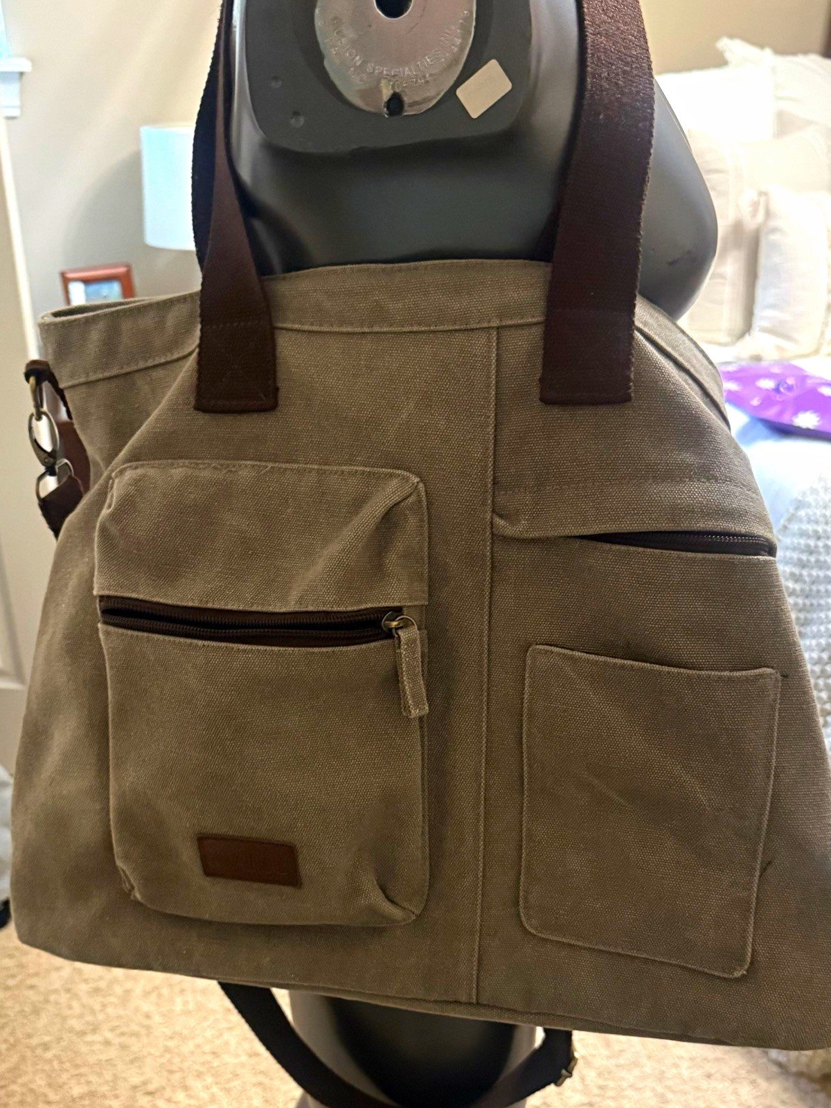 DALLU Gray/Brown Solid Tote Bag Shoulder Strap Zip Closure Inner Pockets