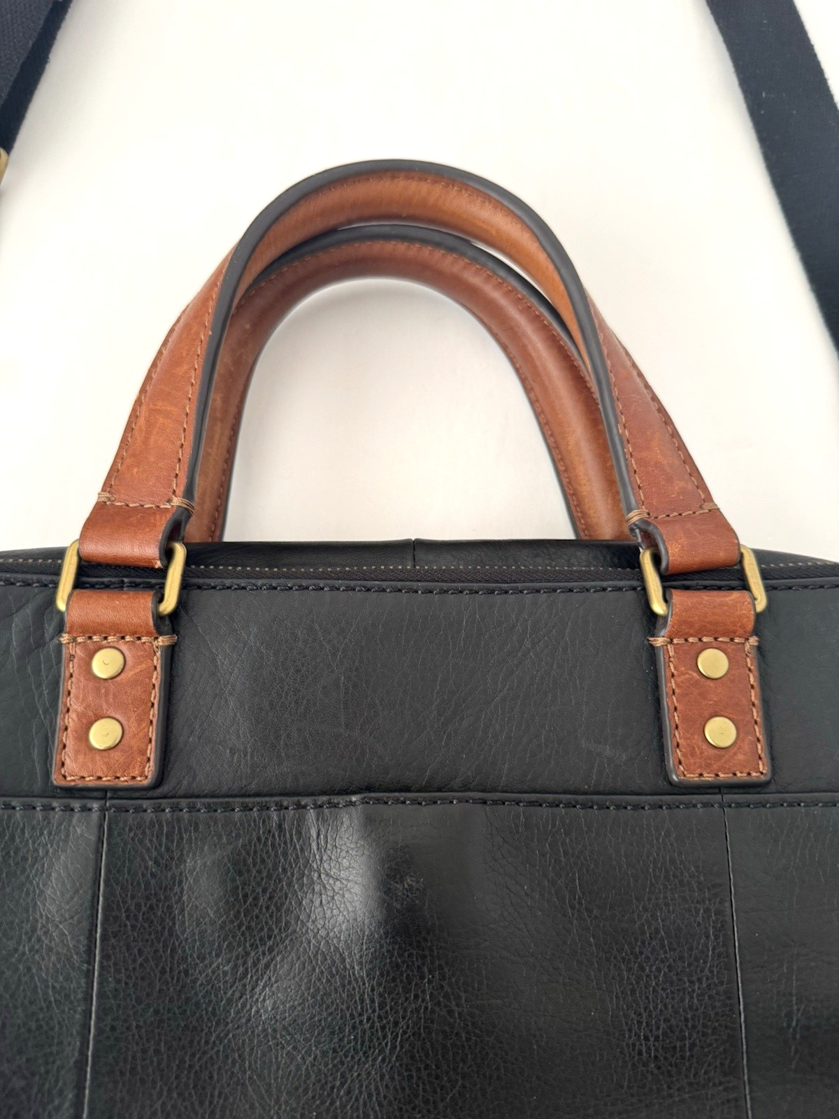 Fossil Defender Briefcase Black Leather Top Handles Crossbody Strap Double Zip