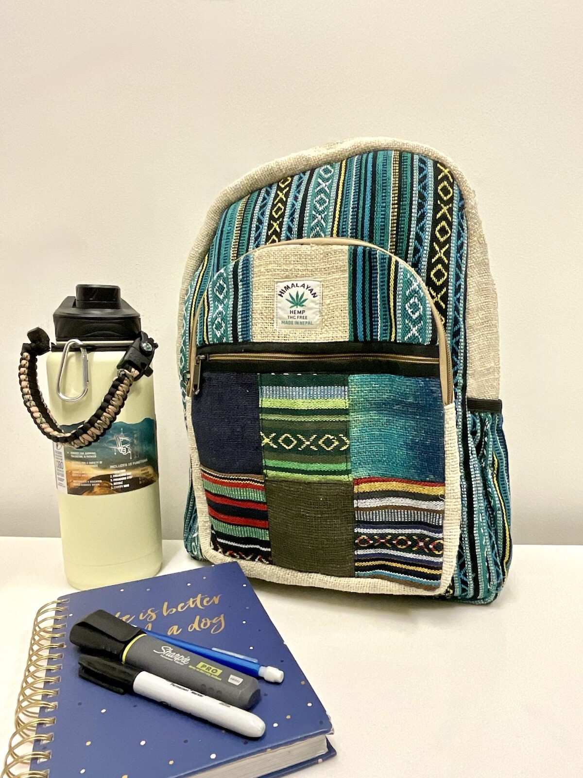 Handmade Hemp Backpack With Laptop Pocket Nepal Fair Trade Hiking Boho, Colorful