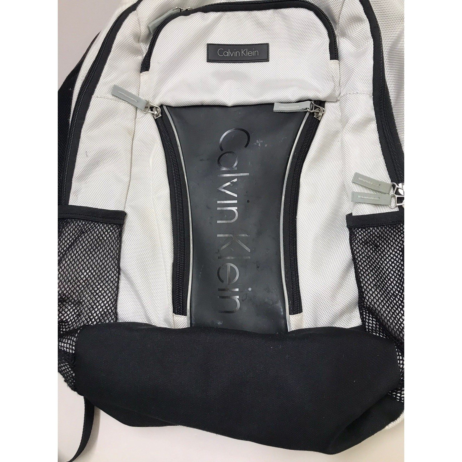 Calvin Klein Backpack Silver Black Laptop Bookbag Multi Pocket School $139.50