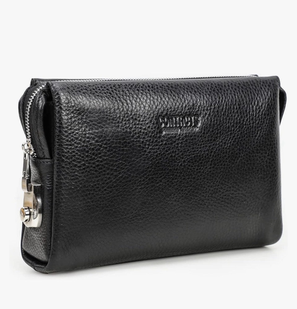 black leather clutch from CONTACTS features a combination lock for security.