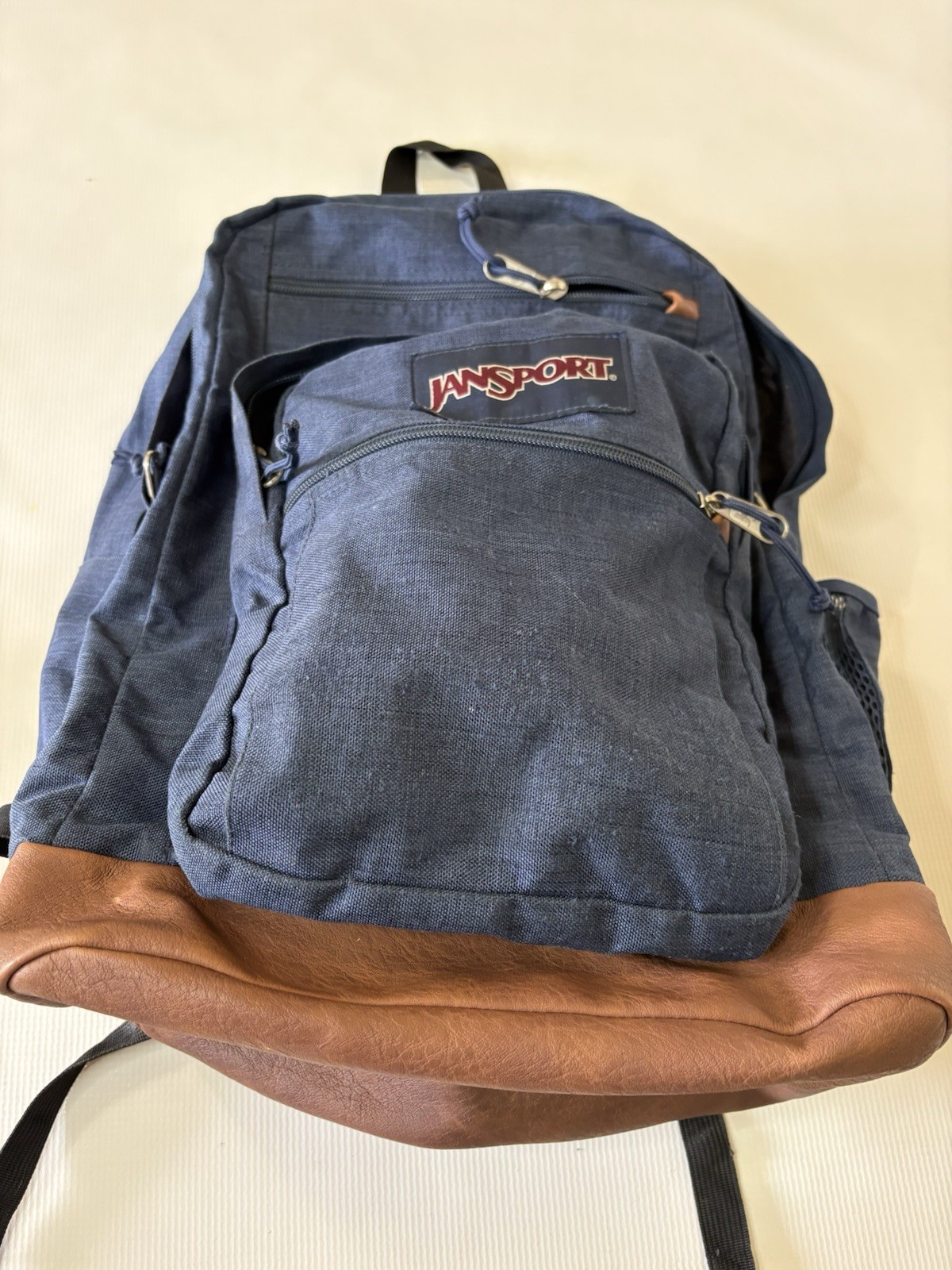 VTG JANSPORT Cool Student Blue Canvas Backpack Tan Faux Leather Laptop Pocket