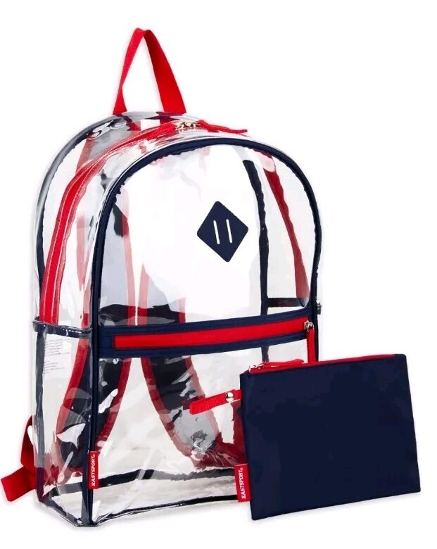 Eastsport Stadium Approved Clear Backpack with Pencil Case Blue Red Trim Or Pink
