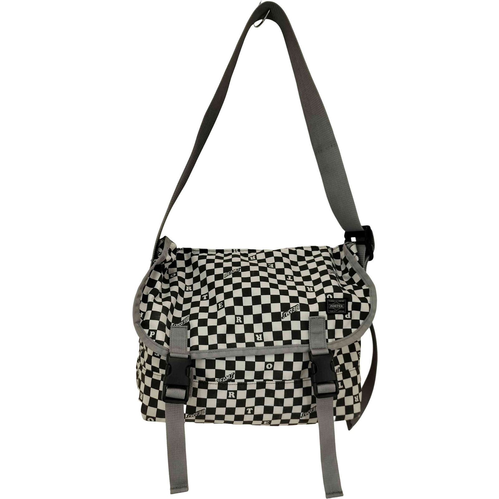 Authentic Porter Shoulder Bag Checkered Flag Black/White Fabric Men’s 41cm Wide,