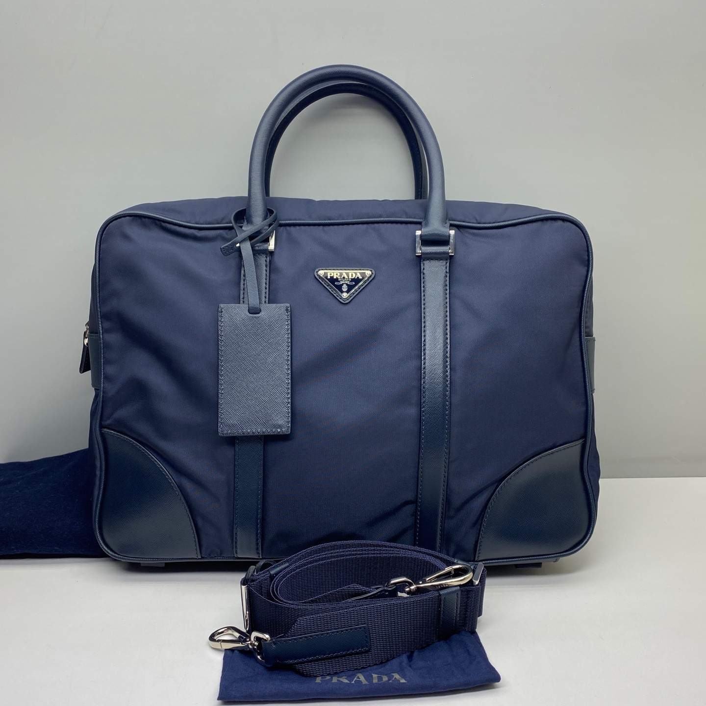 Prada Pre-Owned Authentic Briefcase Blue 36x28x7cm Nylon Free Shipping