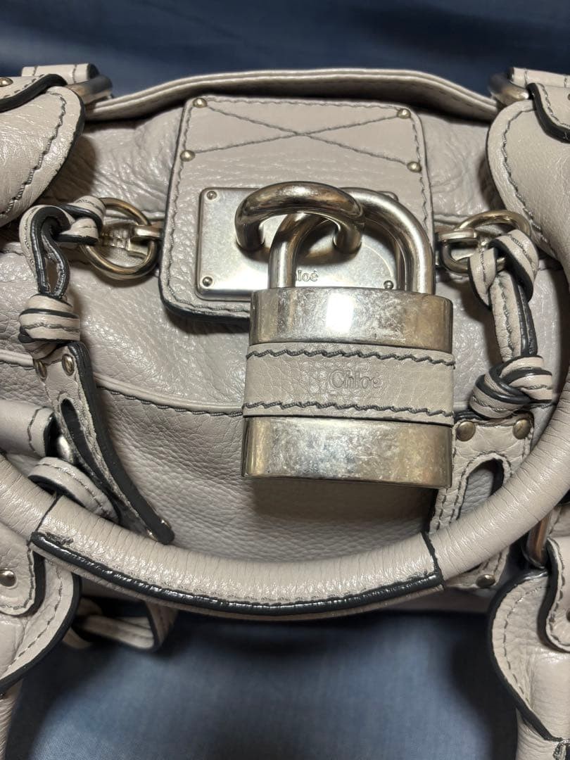 Chloe Paddington Handbag Key Cadena Gray Beige With Guarantee