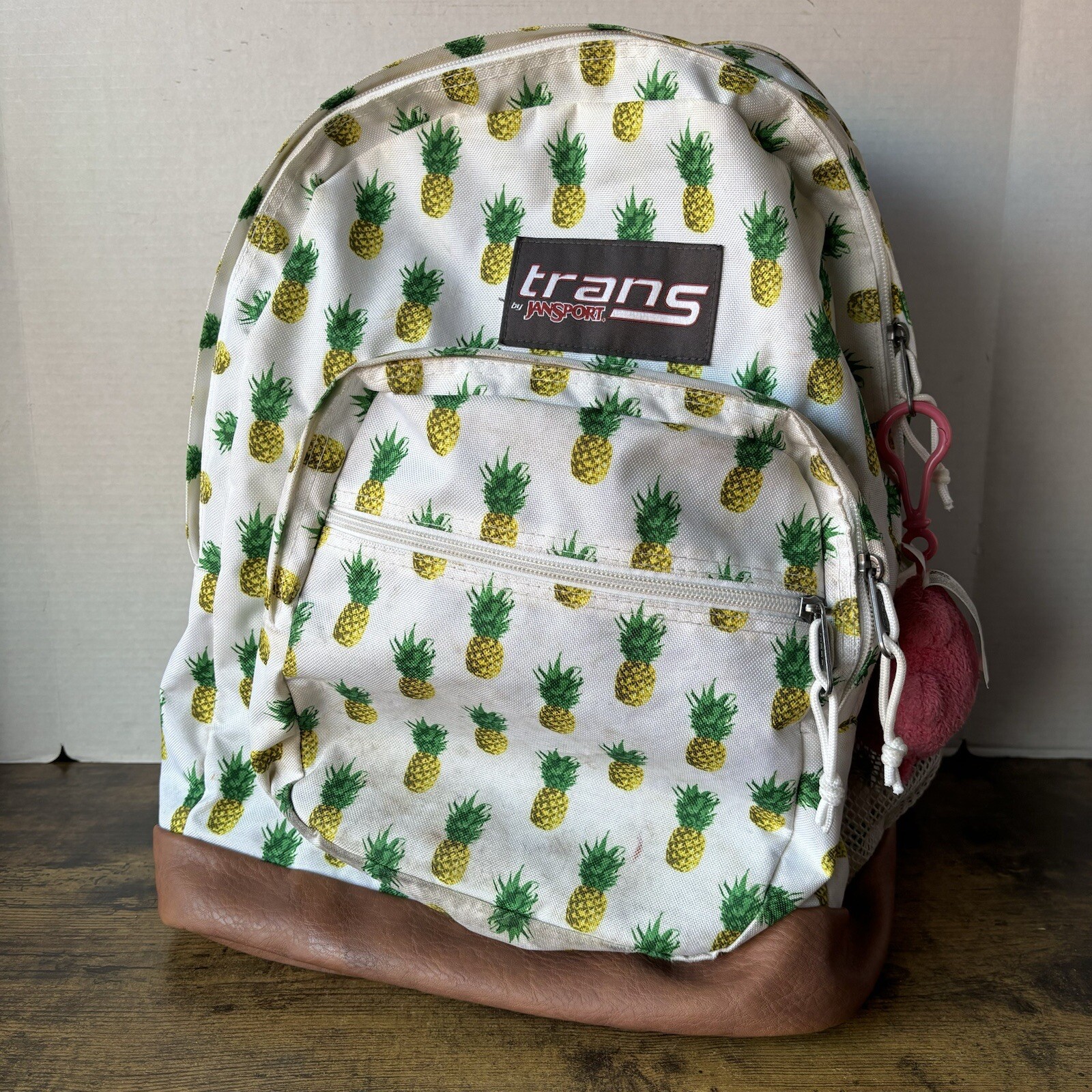 Trans By Jansport Backpack Large Yellow Pineapple Brown Leather Bottom 4 Zippers