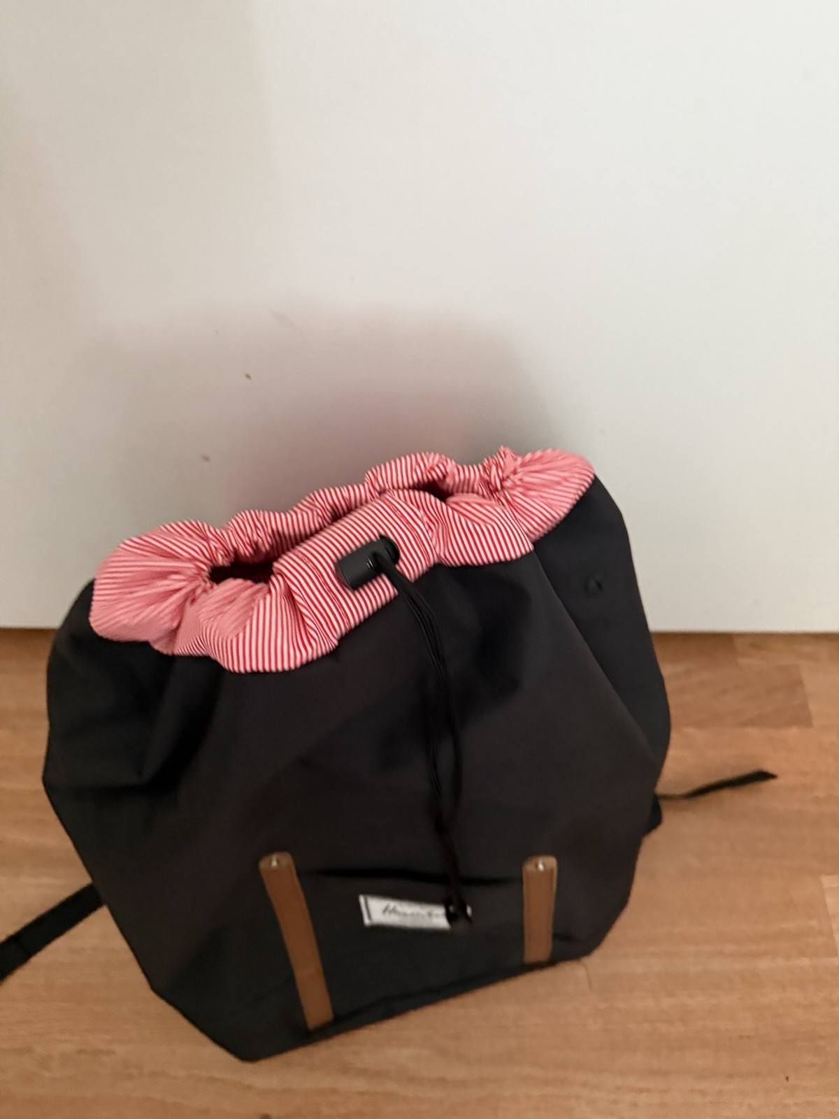 Herschel backpack Black With Brown Straps Red White Stripes Interior
