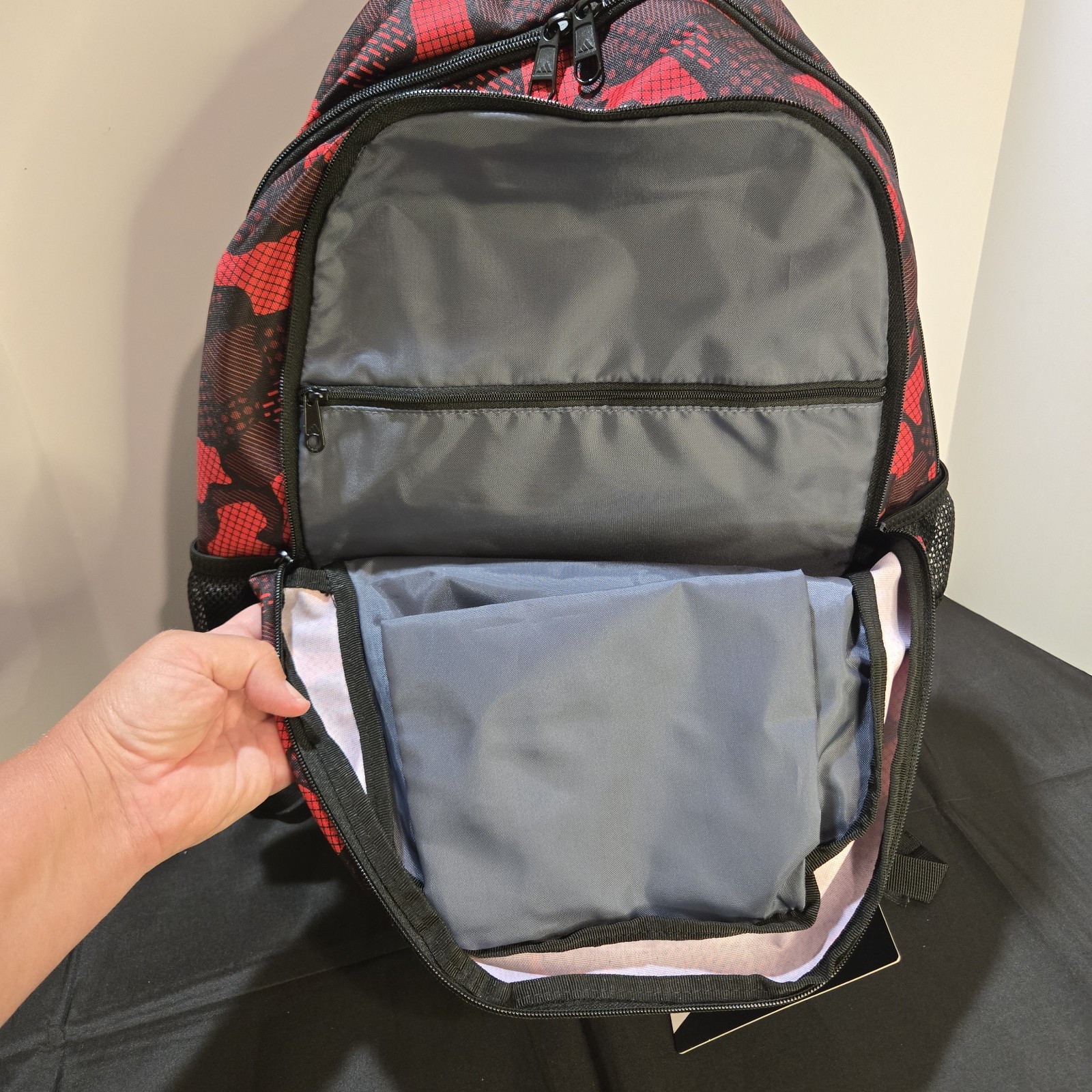 NEW Adidas Fundare Backpack Red Black Camo Multi Pocket Laptop School Travel Bag