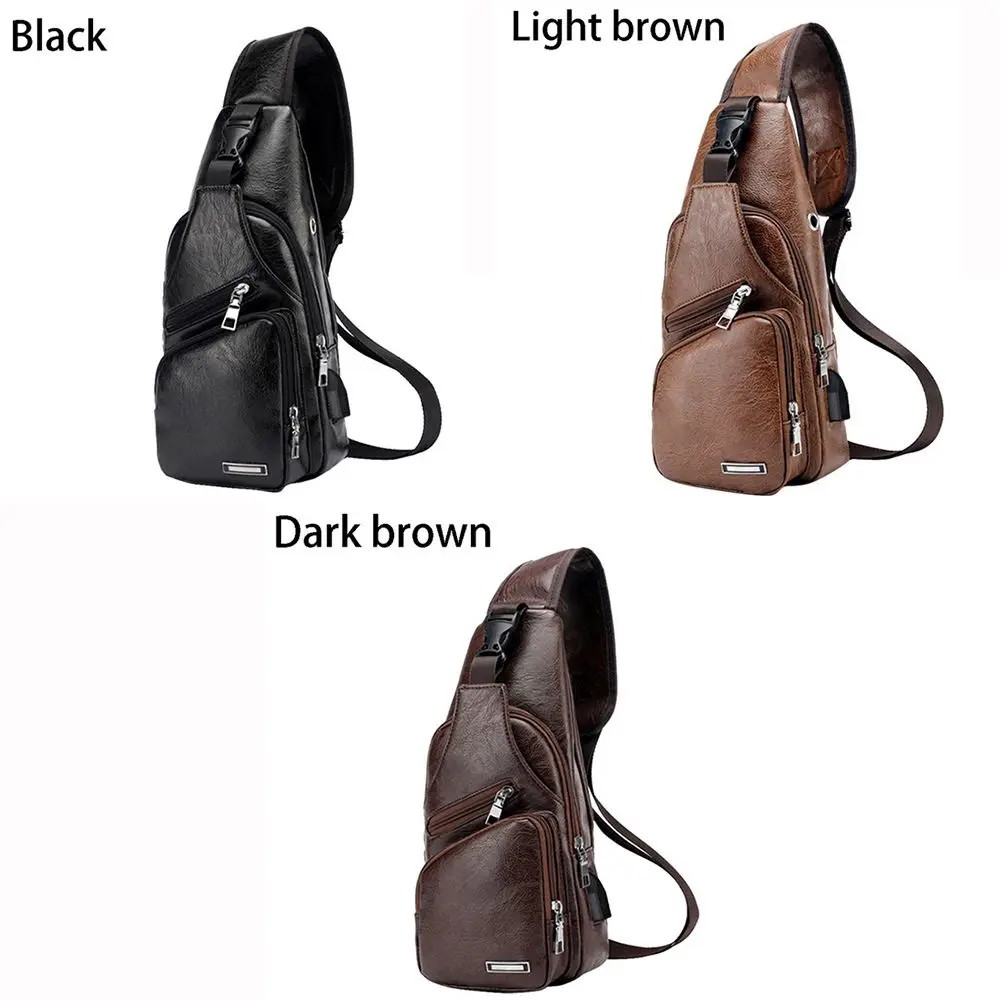 USB data cable charging chest bag casual fashion shoulder bag PU outdoor sports