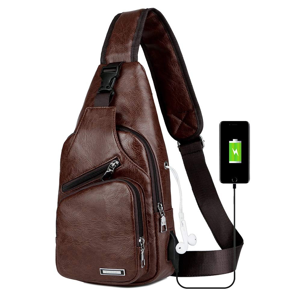 Peicees Leather Sling Bag Mens Crossbody Chest Medium, Dark Brown