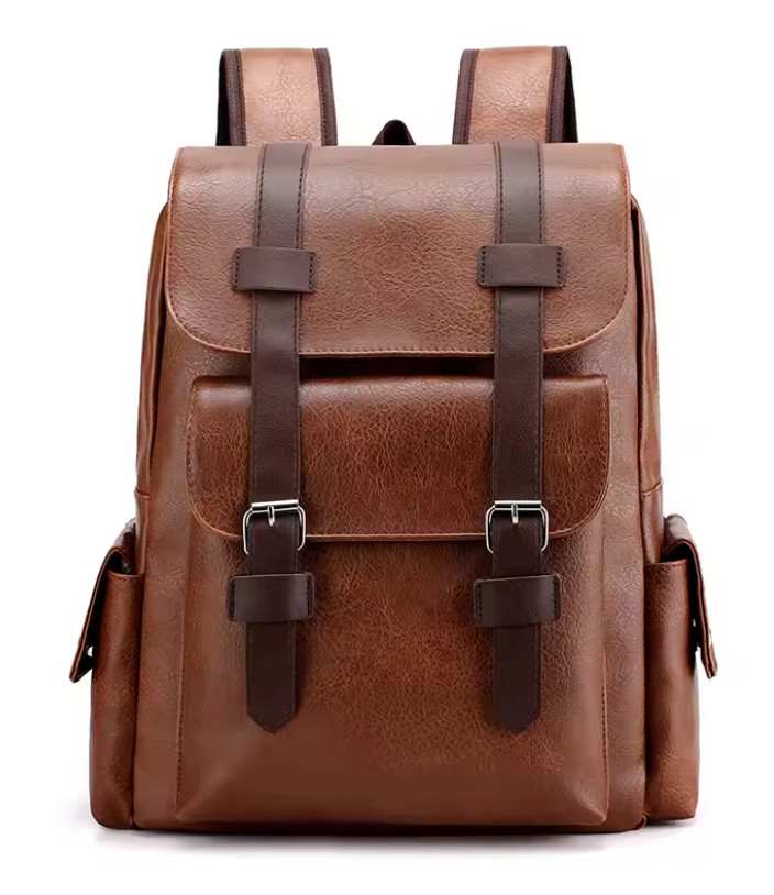 Brown Waterproof PU Leather Backpack 14 Inches Large Capacity Work Travel