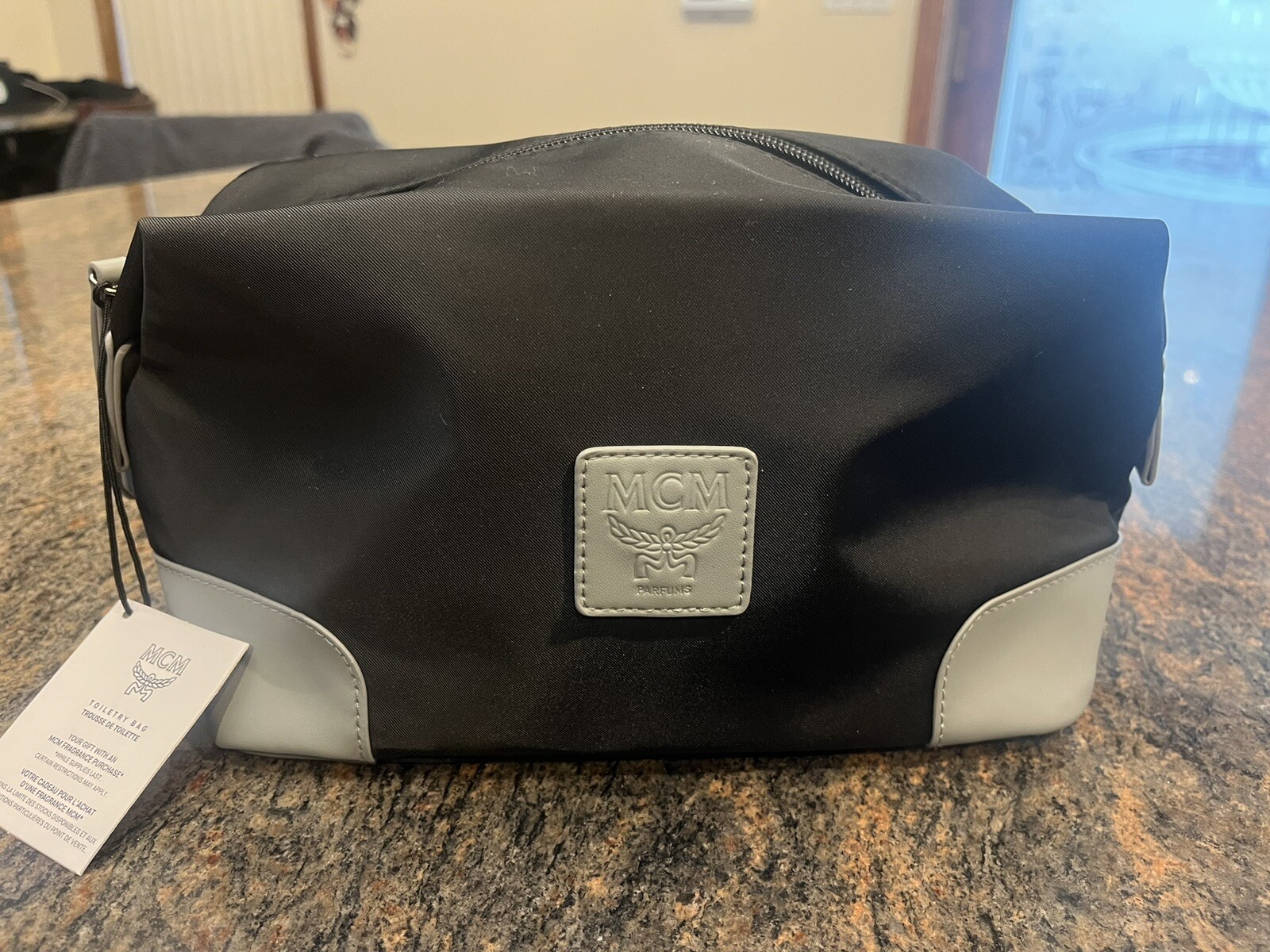MCM Mens Toiletry Bag Embossed Polyester Clutch Bag Black & Gray 10” x 5” NWT!