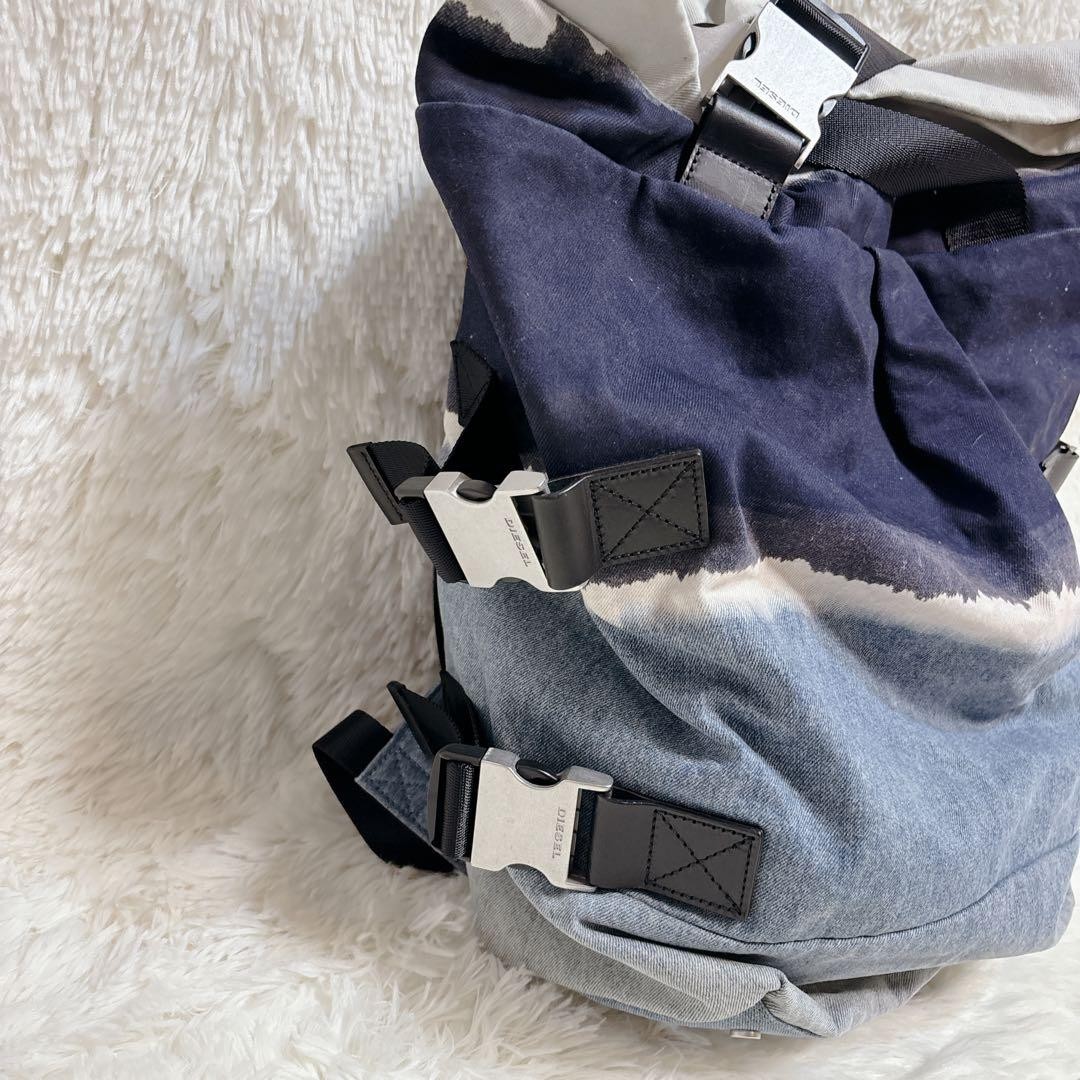 Diesel Men Navy Denim Roll Top Backpack 36x41x18cm Vintage Luxury Stylish Casual