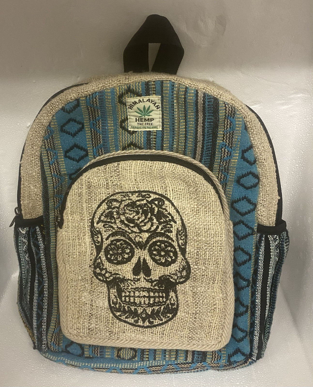 Hemp Handmade Backpack (Sugar Skull) Nepal Fair Trade (Hiking, Boho, Petite)