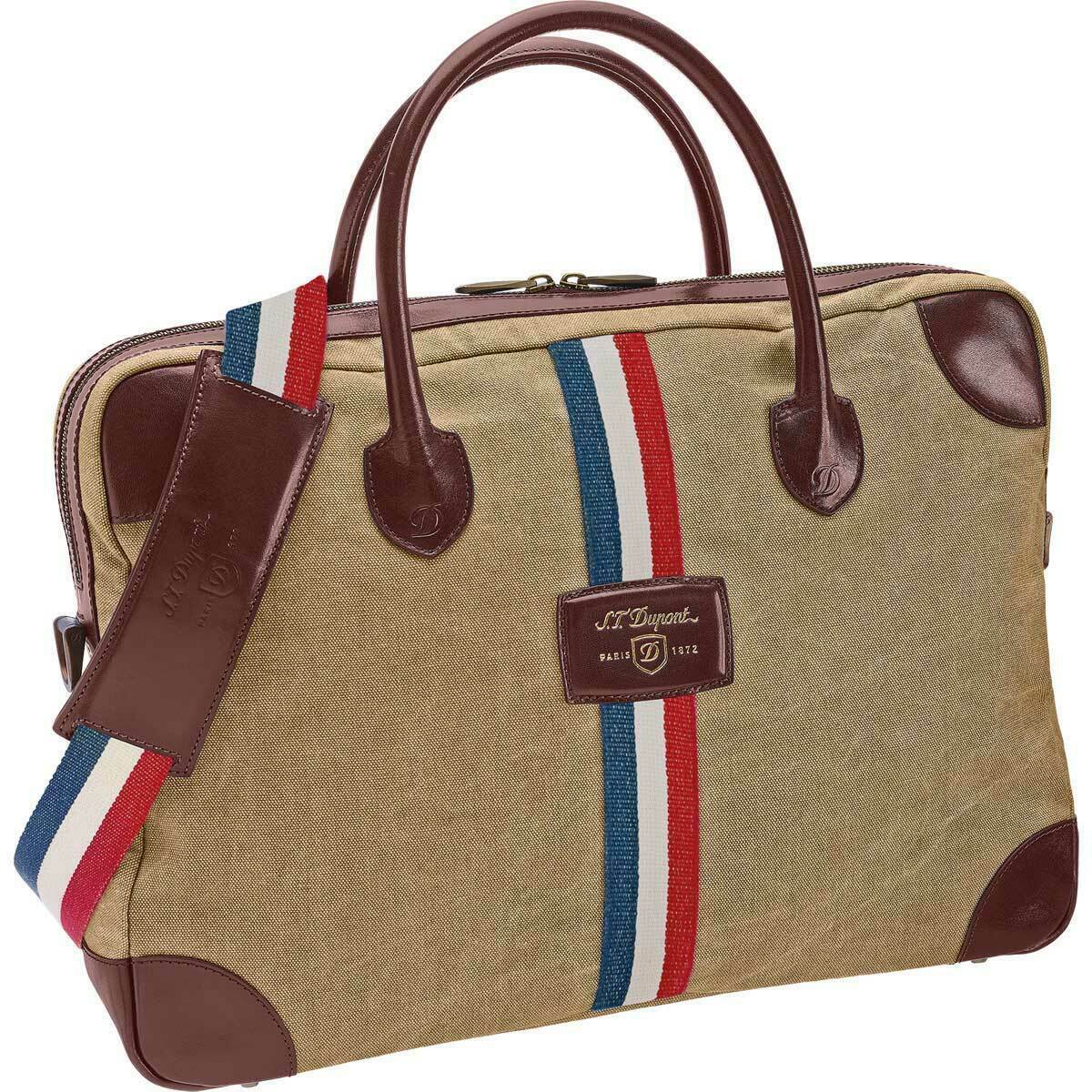 S.T. Dupont Iconic Beige Canvas & Brown Leather Document Bag, 191302, New In Box