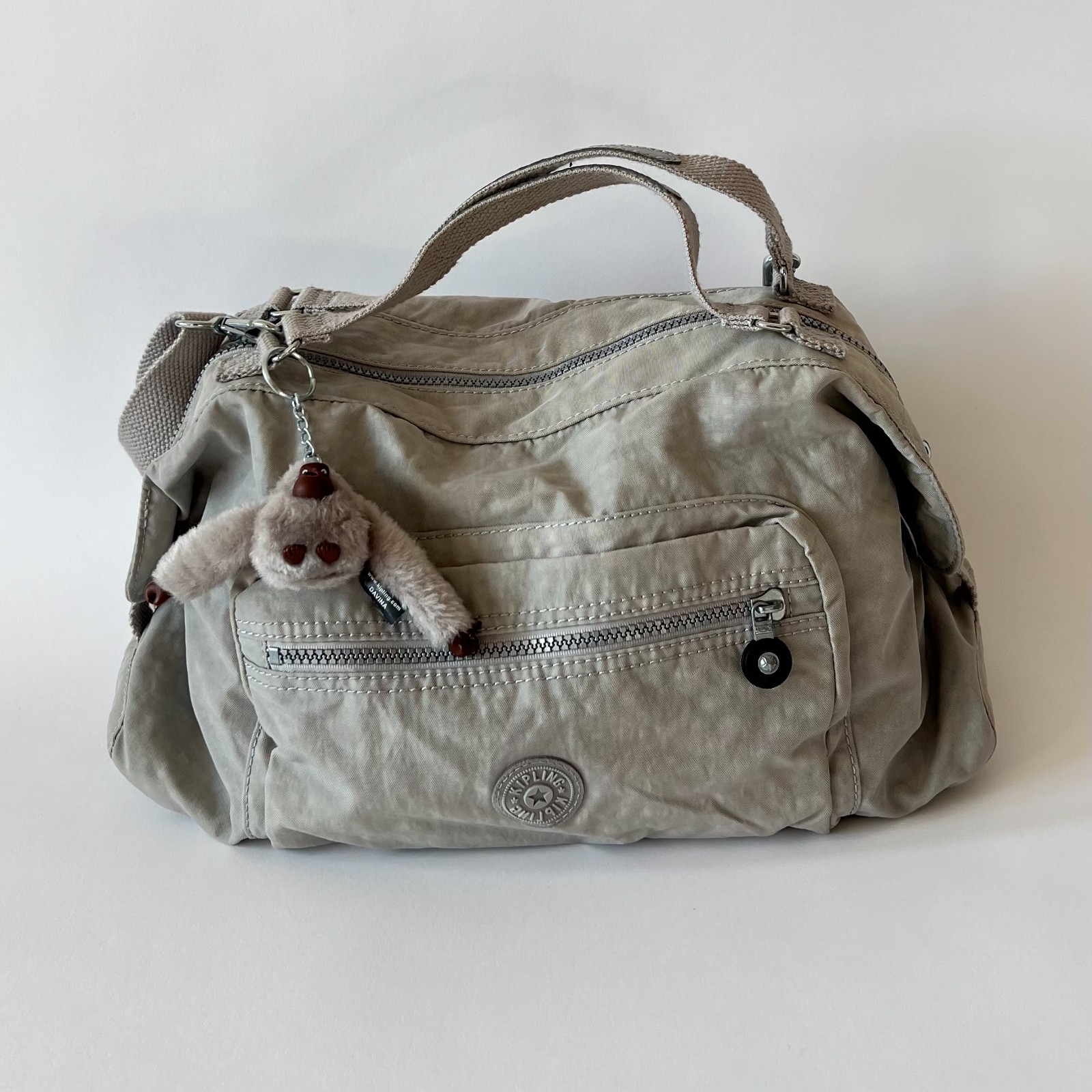 Kipling Gray Top Handle Shoulder Bag with Monkey Keychain – Casual Nylon