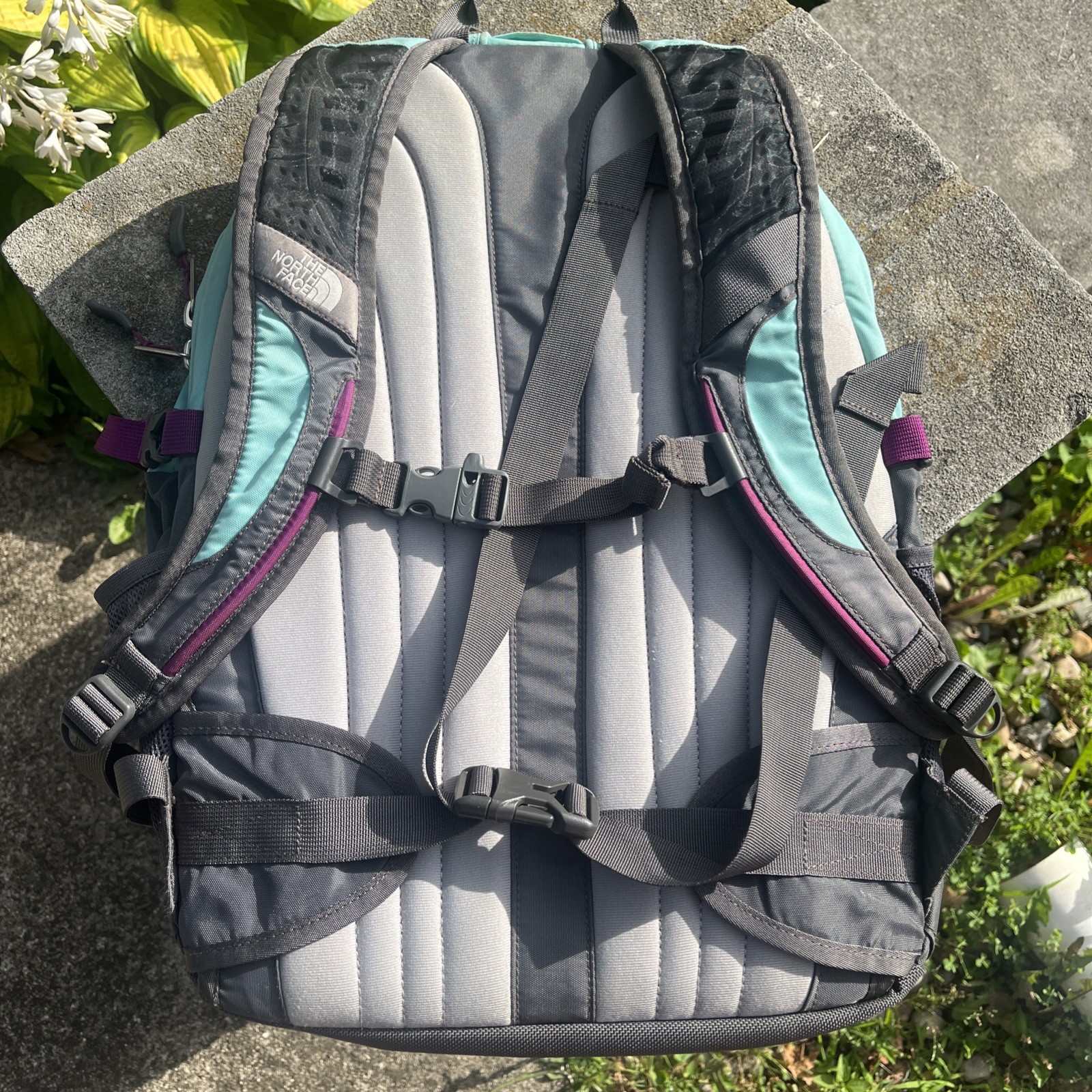 The North Face Recon Backpack School Work Hiking Padded Teal Gray Purple Straps
