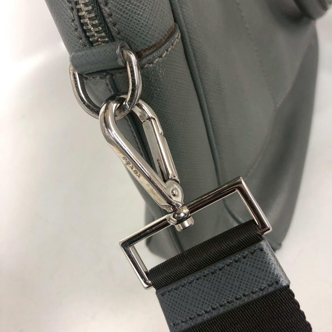Prada Saffiano Briefcase Business Bag Leather Tote Messenger Shoulder Bag Gray