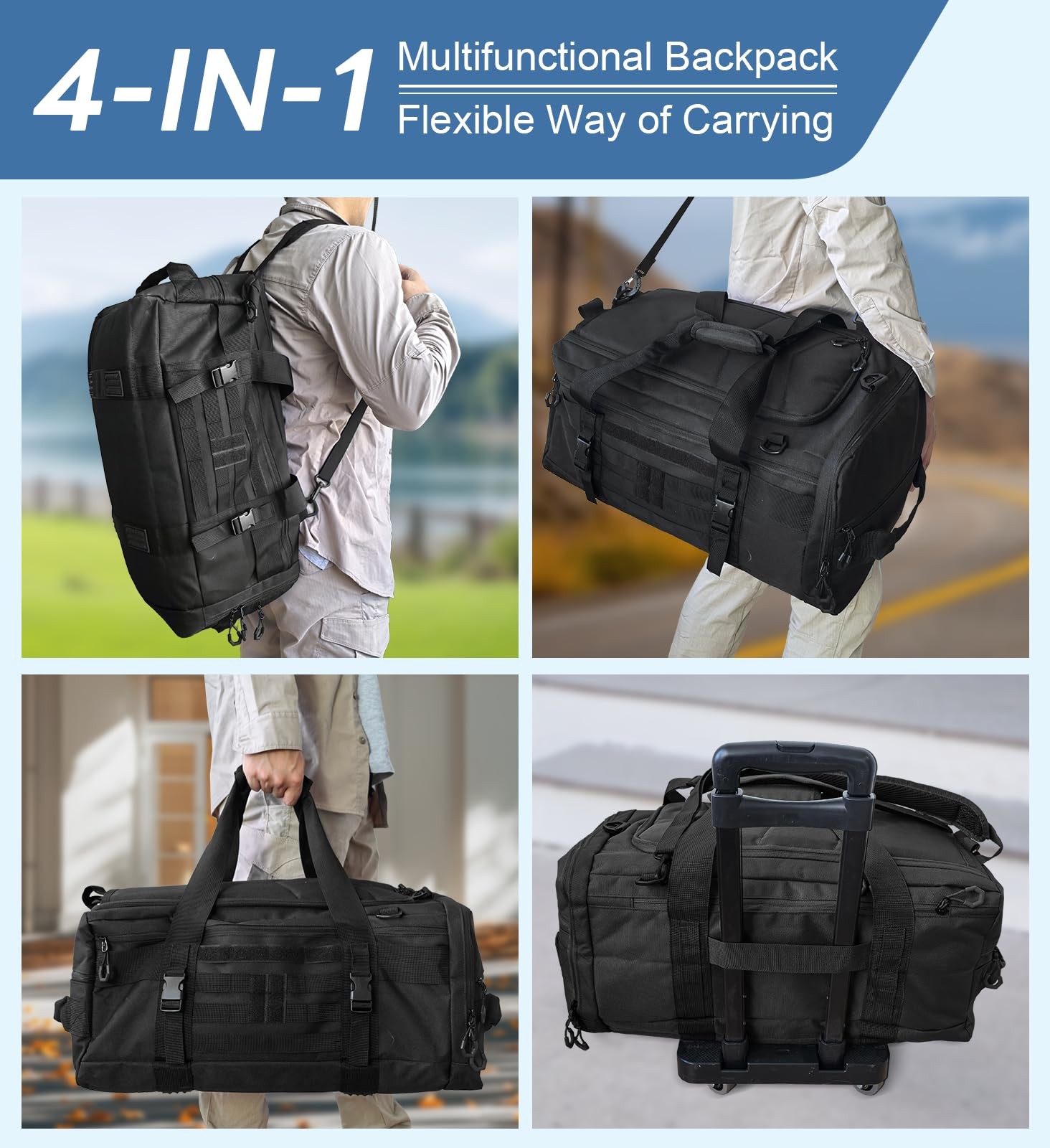 50L Large Duffle Bag Black – 3-in-1 Tactical Backpack MOLLE Pack