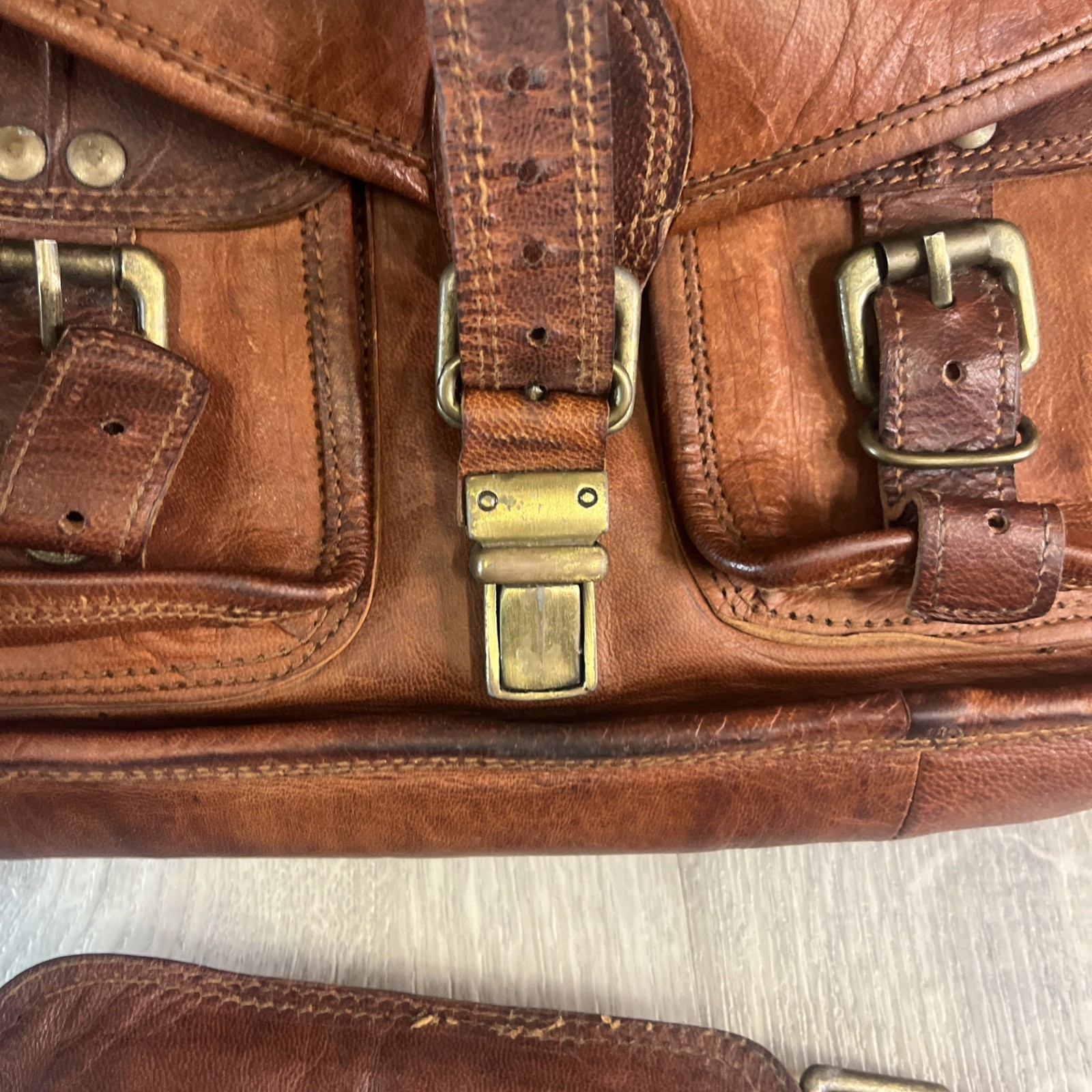 Komal’s Passion Leather Messenger Mail Bag Crossbody Brown Buckles Rustic VTG