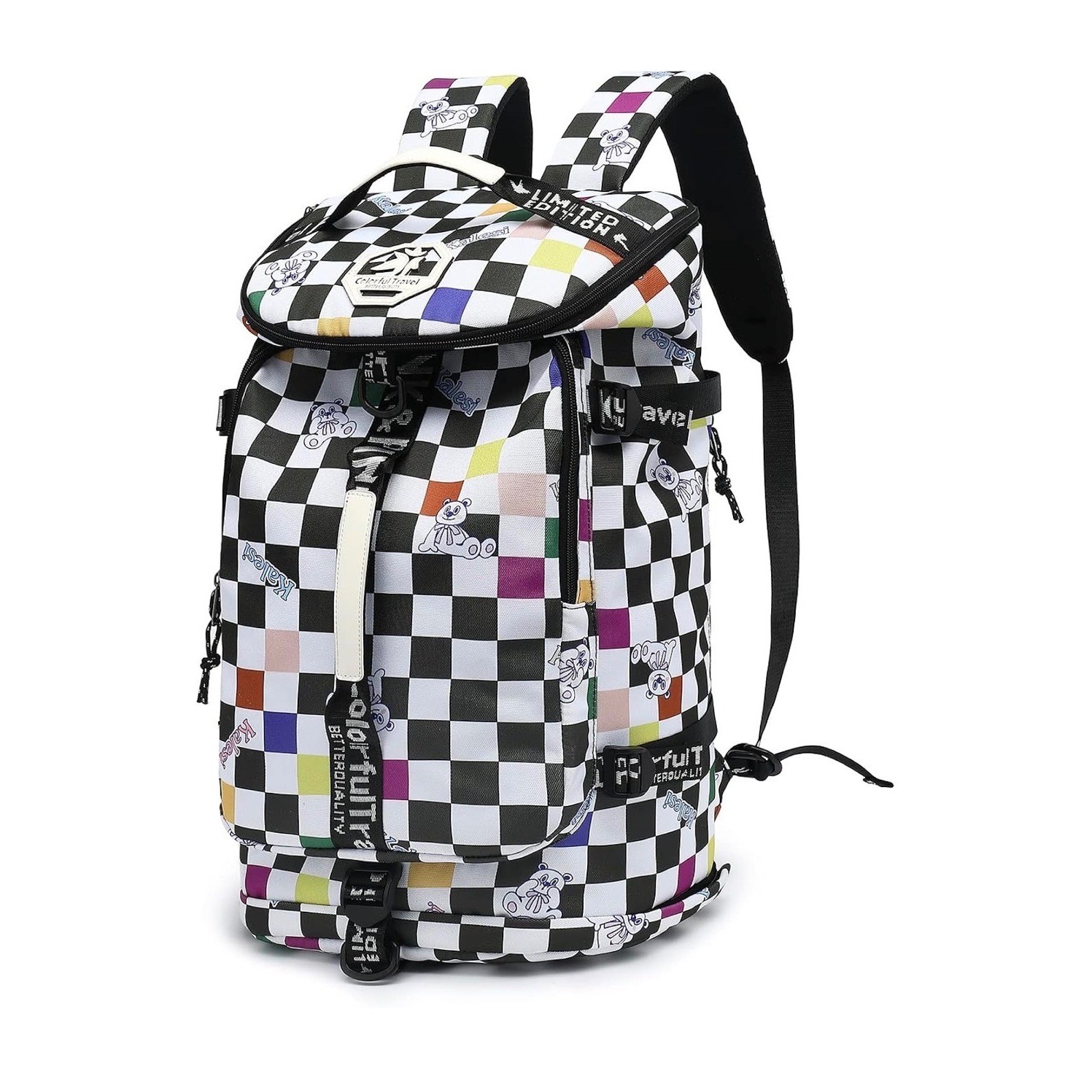 Kalesi Convertible Backpack Duffel Large Multicolor Checkered Teddy Bear 20in