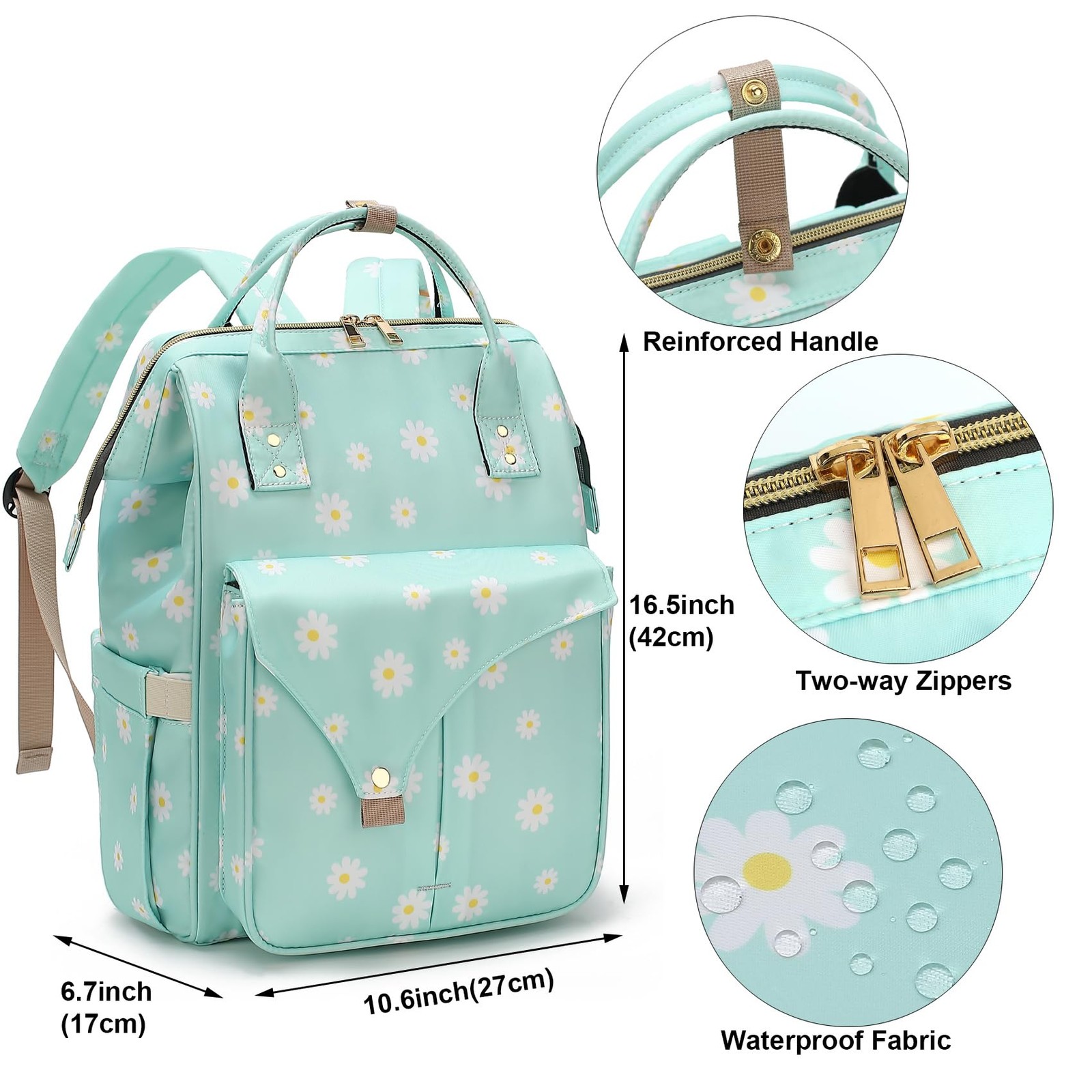Flowers Laptop Backpack College School Nurse Bags Travel 15.6 Inch Daisy Green