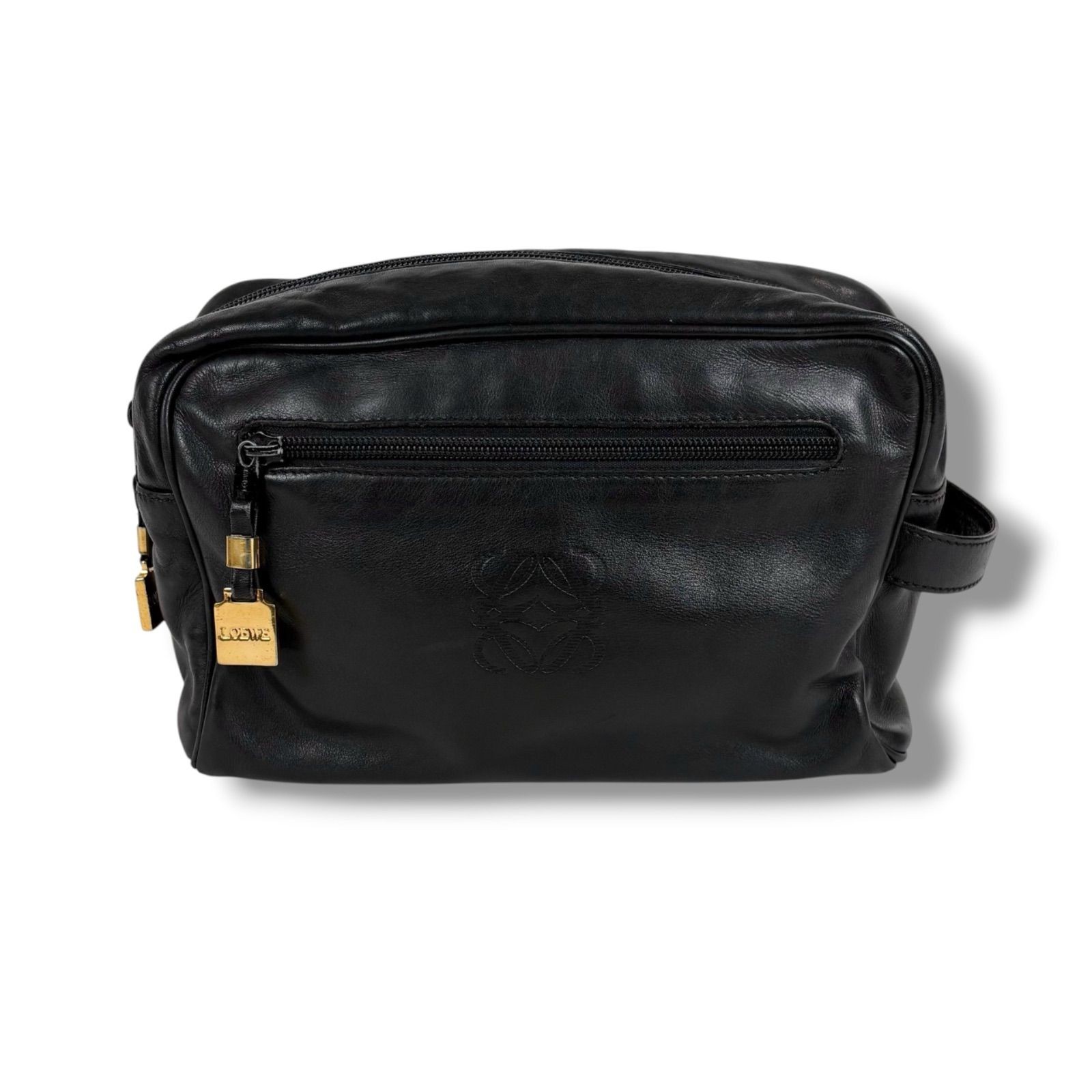 LOEWE Black Leather Clutch Bag Anagram Logo Men’s Handbag Authentic