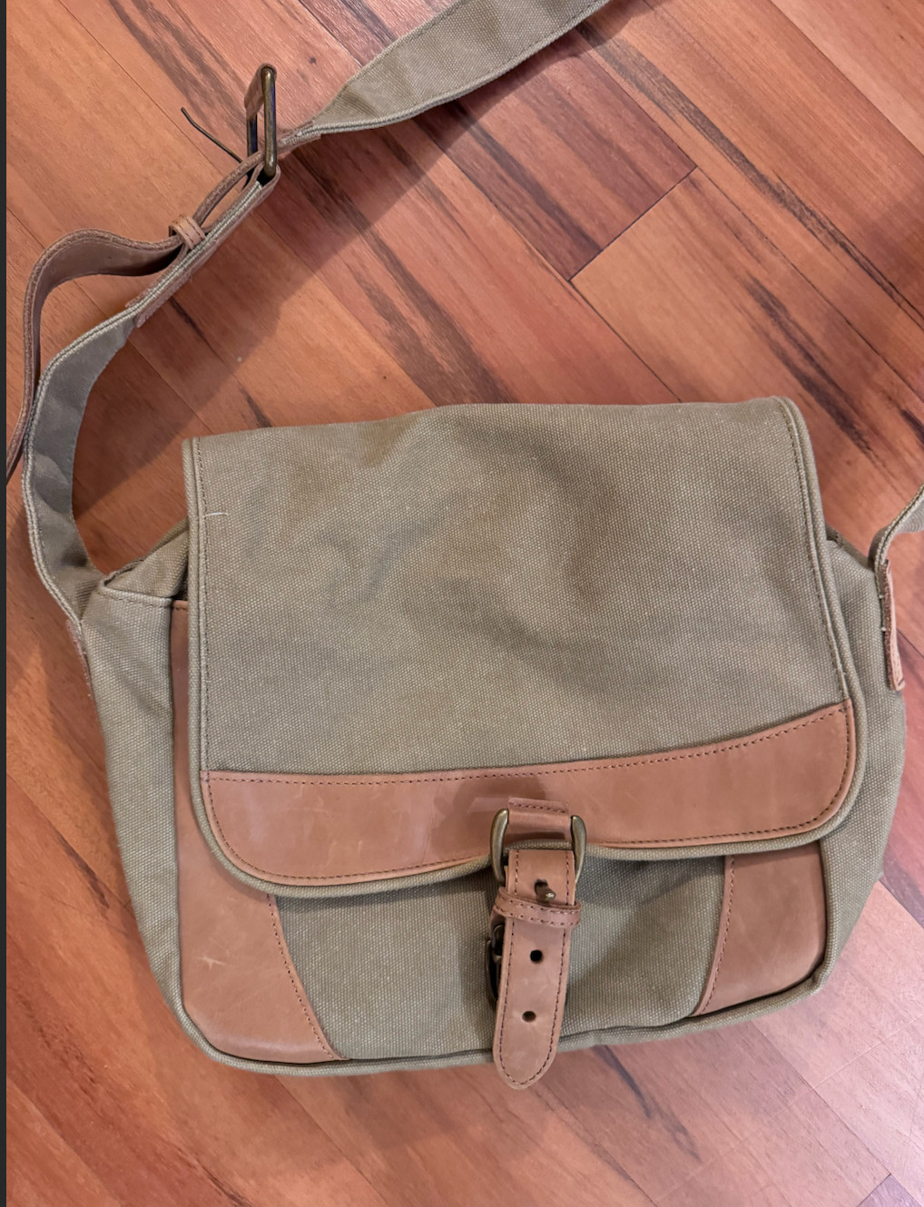 Vintage LL Bean Canvas and Leather Messenger Bag w/ Buckle, Green & Light Brown