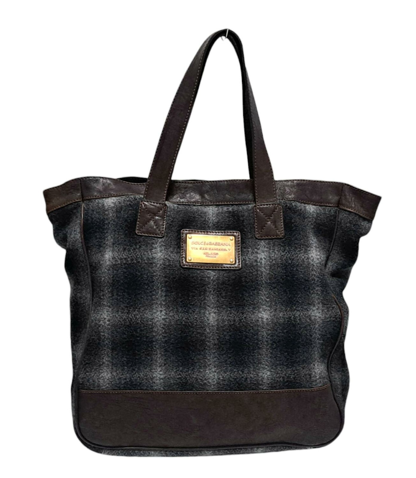Authentic DOLCE＆GABBANA Tote Bag Wool Leather Check Black Brown BM0695