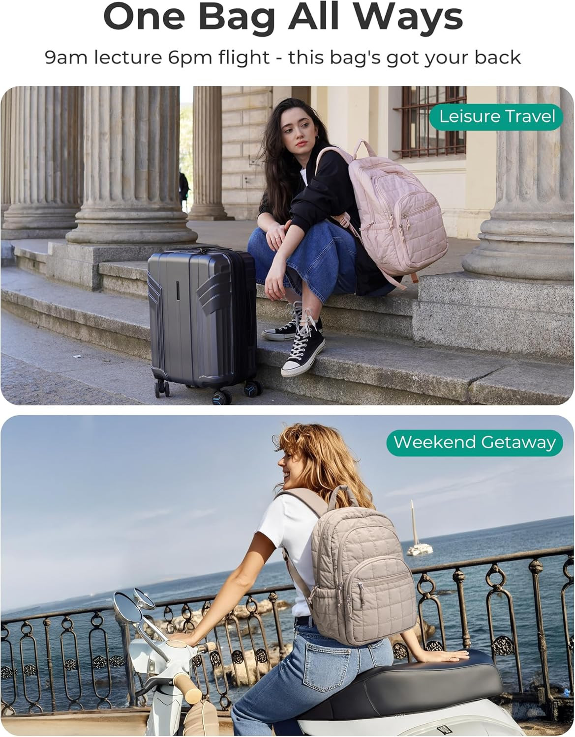 College Laptop Backpack, Travel Backpack for Women, Quilted Casual Daypack, Wate