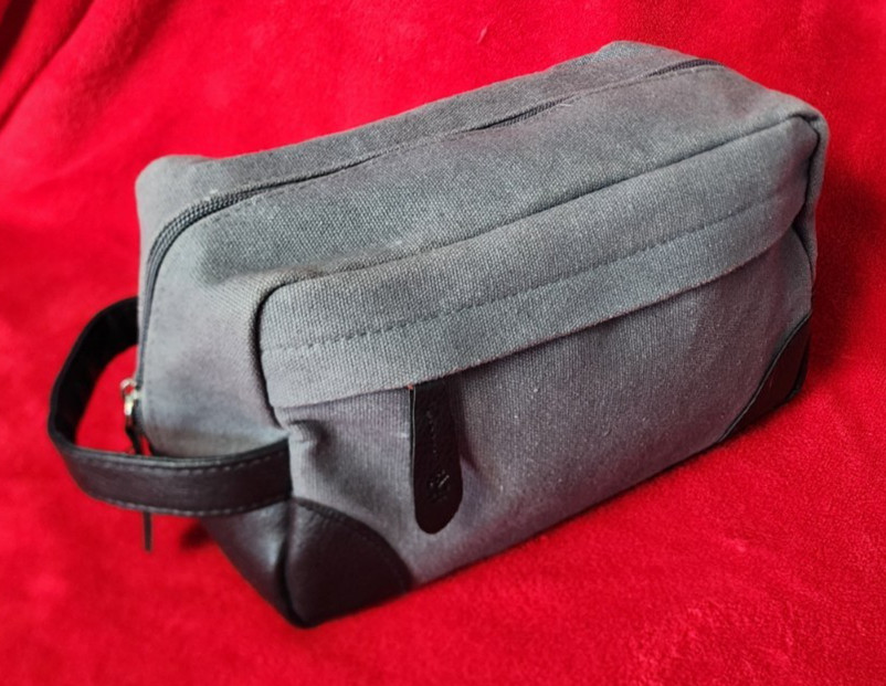 Men’s Travel Toiletry Bag Gray Cotton Twill Black Accents Soft Sided Line 9x5x4