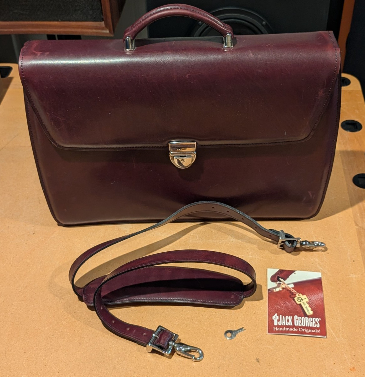 VTG Burgundy Leather Briefcase Jack Georges Originals Lockable w strap & key