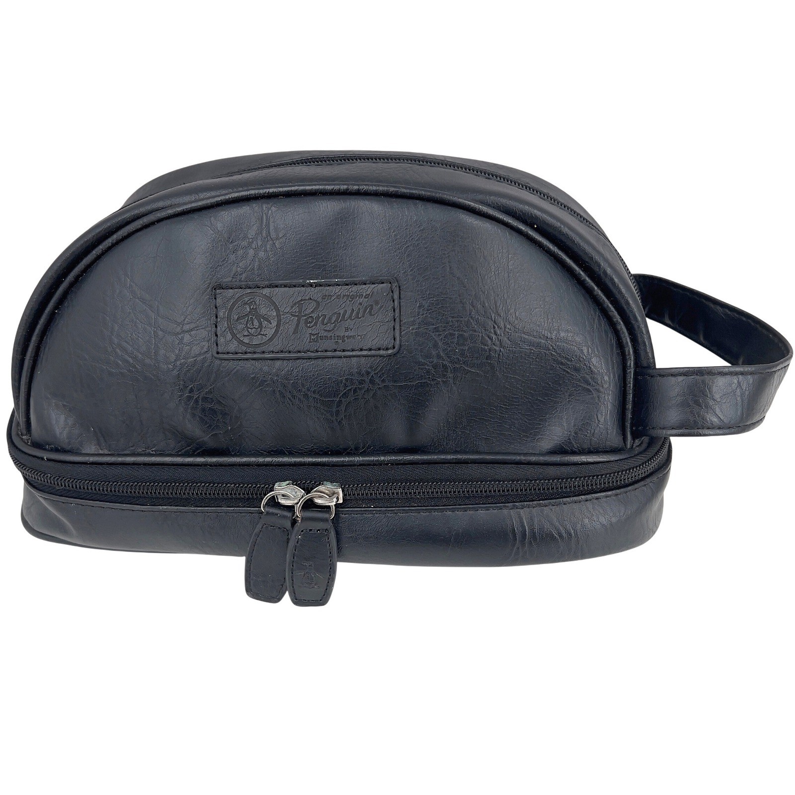 Original Penguin Mens Toiletry Bag Black Faux Leather Dual Zip Dopp Kit OS