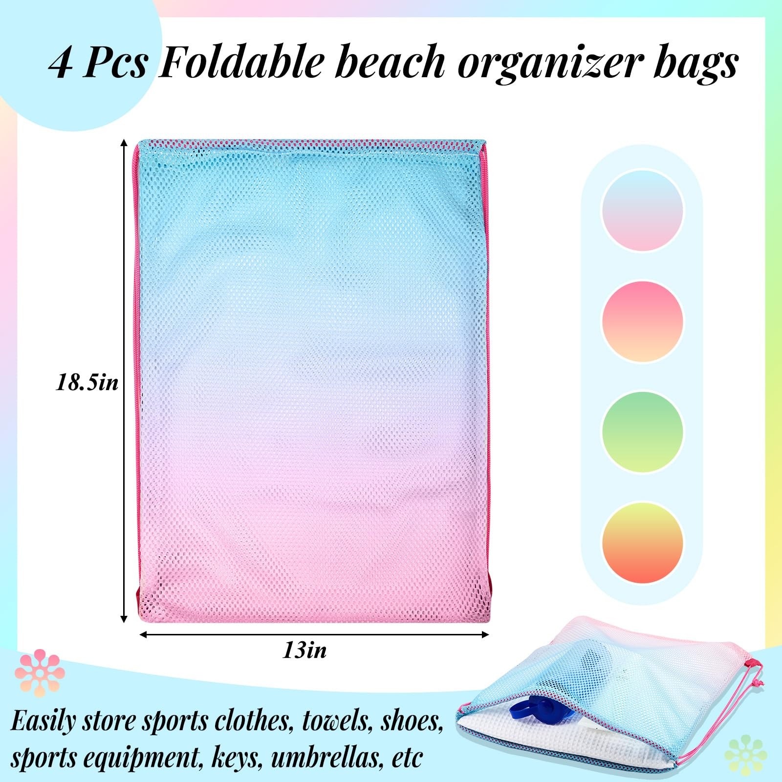 Mesh Drawstring Backpack 4 Pieces Colorful Beach Bag Swimming Gym Gear Sack