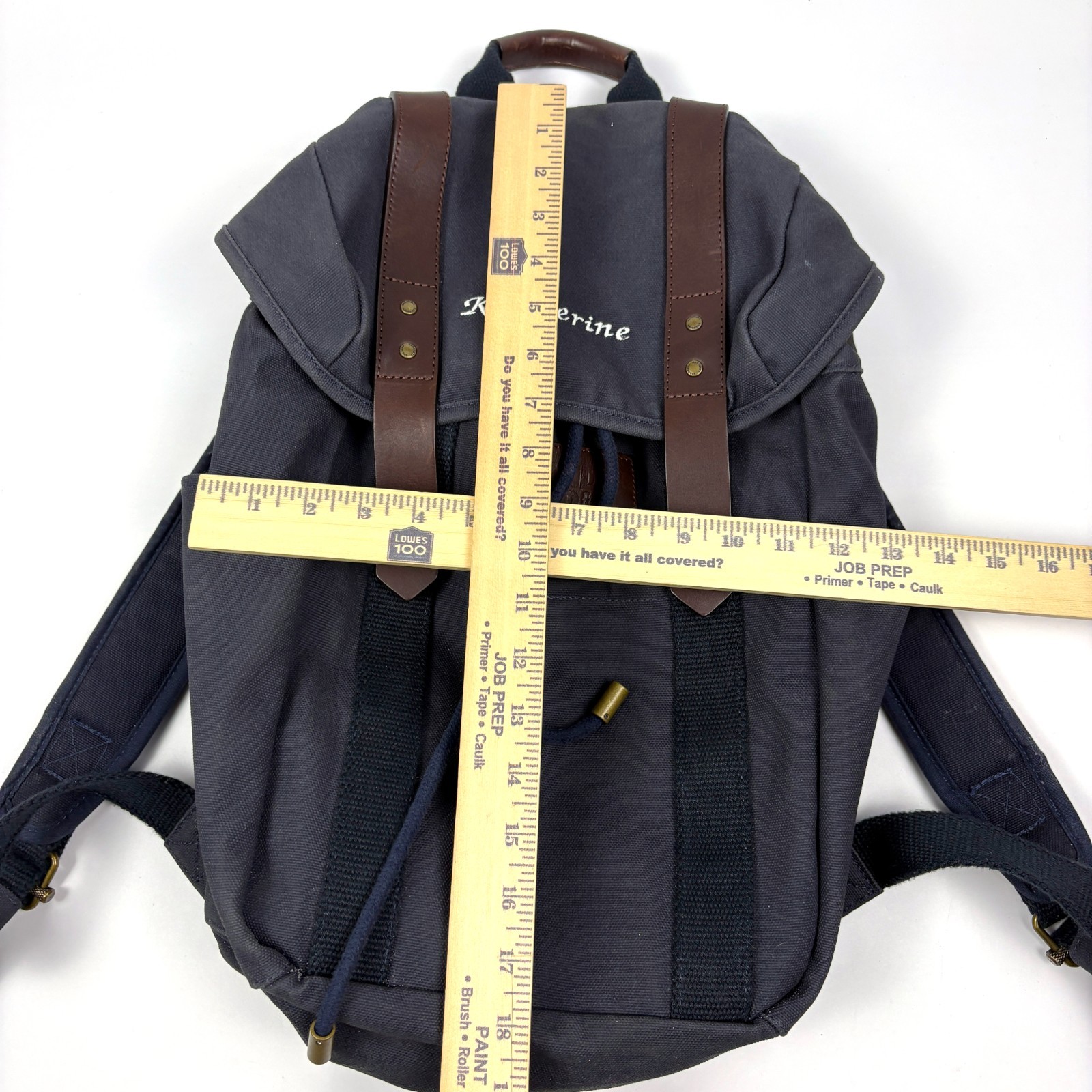 Lands End Waxed Canvas Backpack Navy Blue Leather Straps Padded Outdoors Daypack