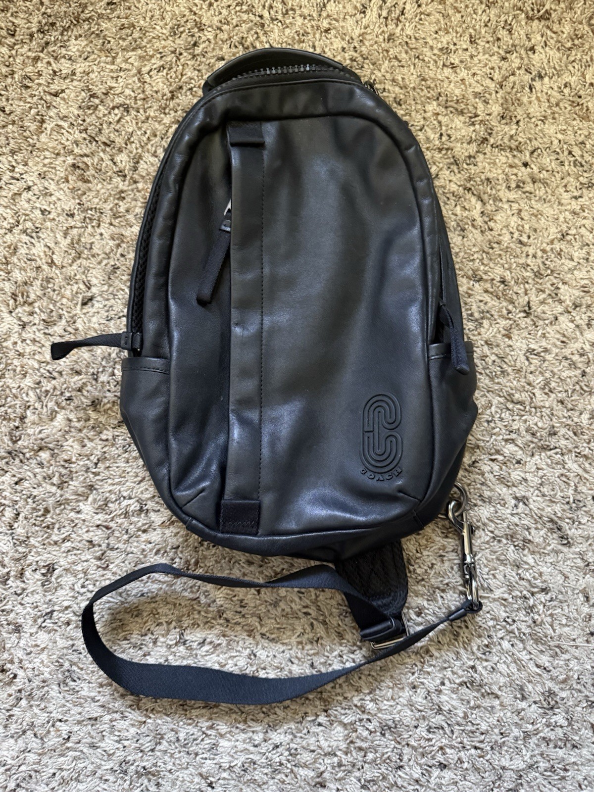Coach Men Edge Pack Backpack Supple Leather Black Single Strap Zipper Bag Great