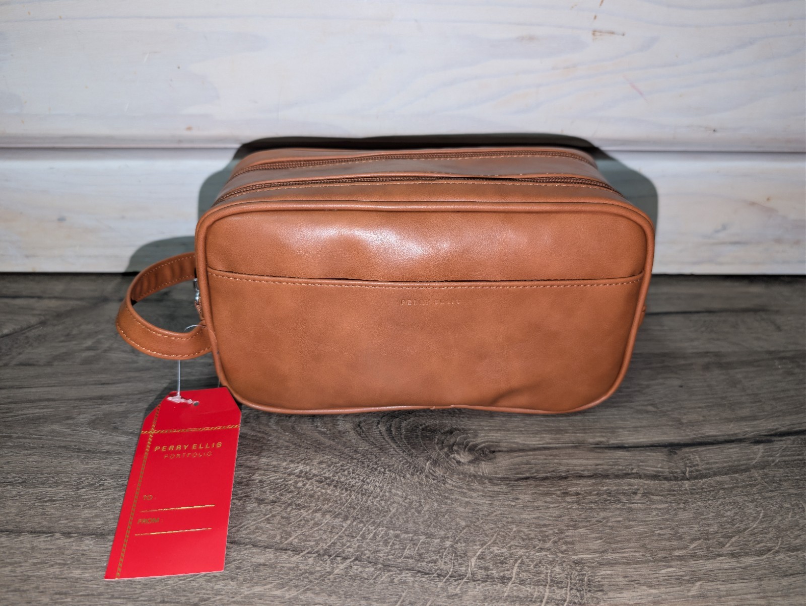 NEW Perry Ellis Portfolio Travel Kit Toiletry Bag Tan Brown Double Zip Dopp Kit