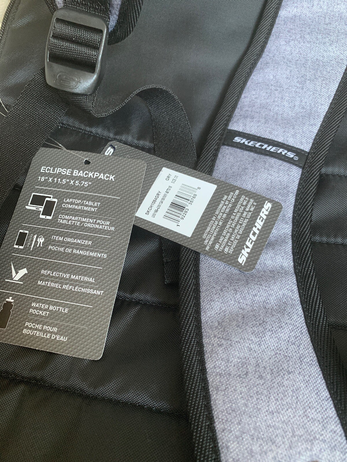 Skechers Eclipse Backpack Gray & Black School Bag Laptop Pockets Lightweight