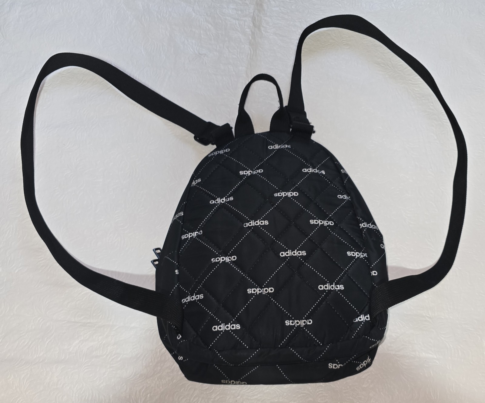 adidas Mini Backpack Black/White Allover Logo Print Zip Closure Inner Pockets