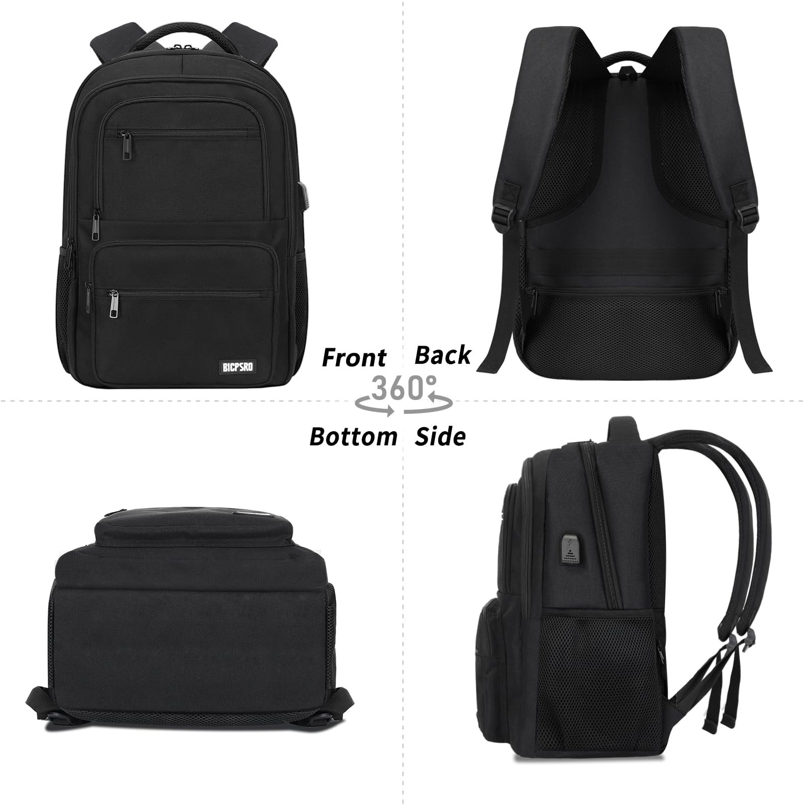 Stylish Black Laptop Backpack 15.6″ for School, College, Teens, USB Port, Water