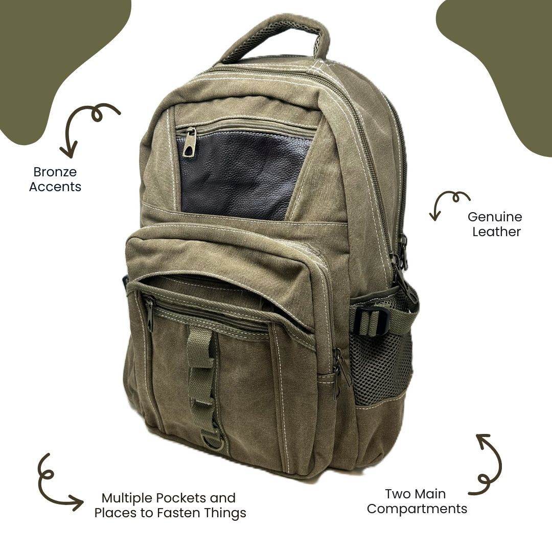 R&R Leather: Genuine Leather and Canvas Laptop Backpack with Chest Strap – Green
