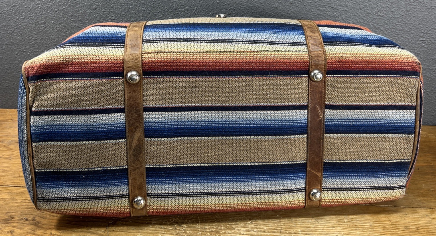 Vintage Navasota Duffle Overnight Bag Striped Teill Leather Southwest Western