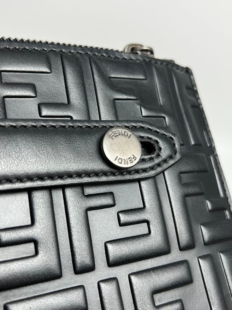 Fendi Leather Messenger Bag Men Black FF Motif Zucchino Strap 24×18.5×1 cm