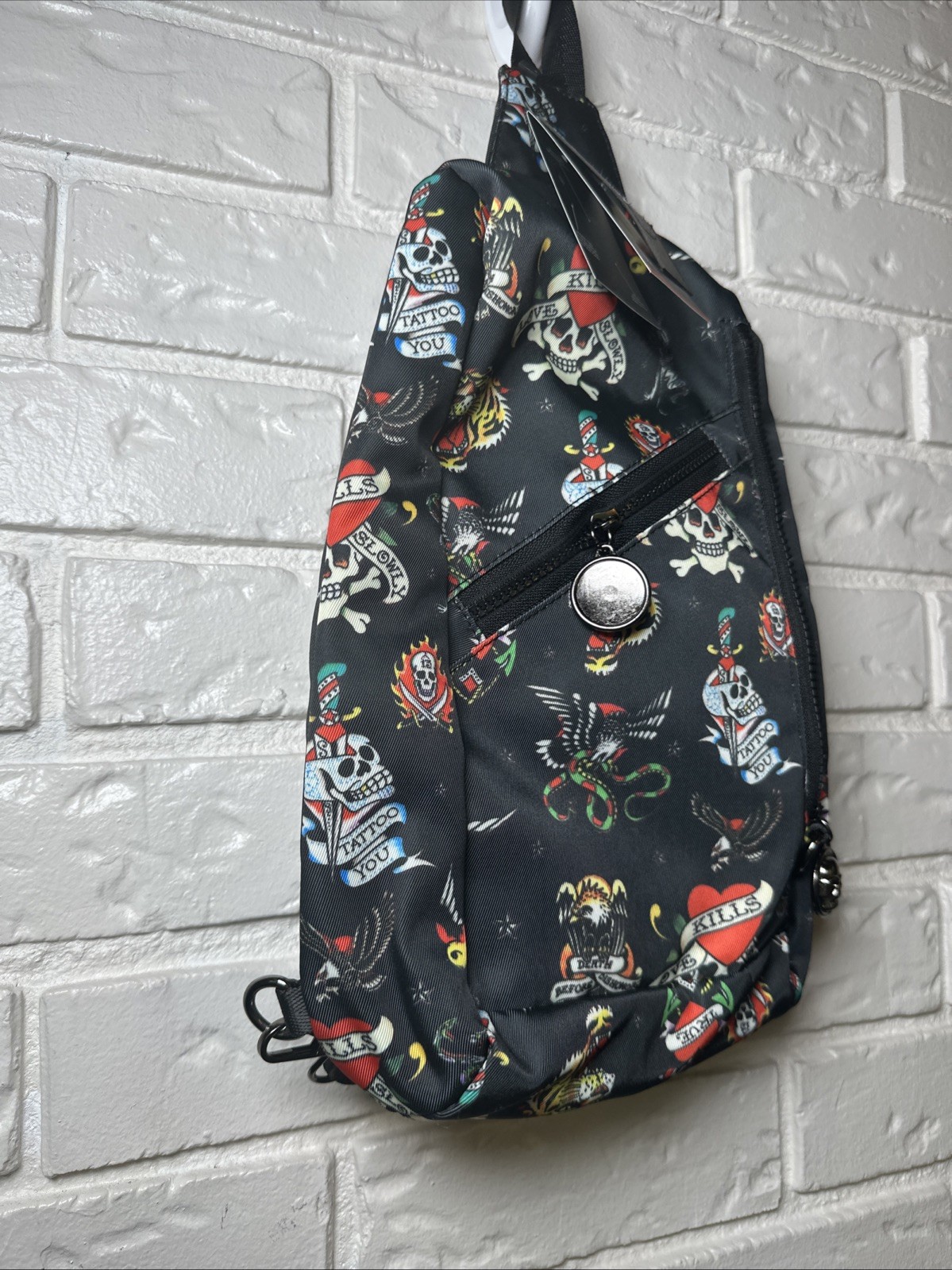 Ed Hardy Sling Backpack Unisex Black New York City Skull Eagle Tattoo NWT