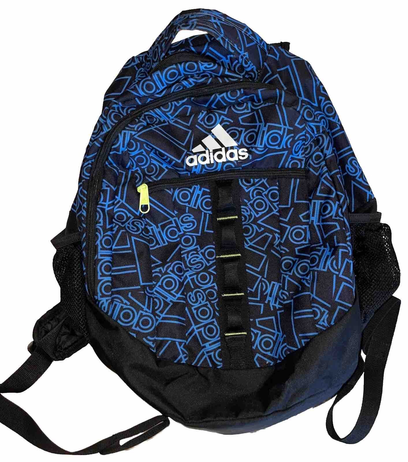 Adidas Stratton 3 Large Backpack Blue Black Logo Print Neon Yellow Accents Clean